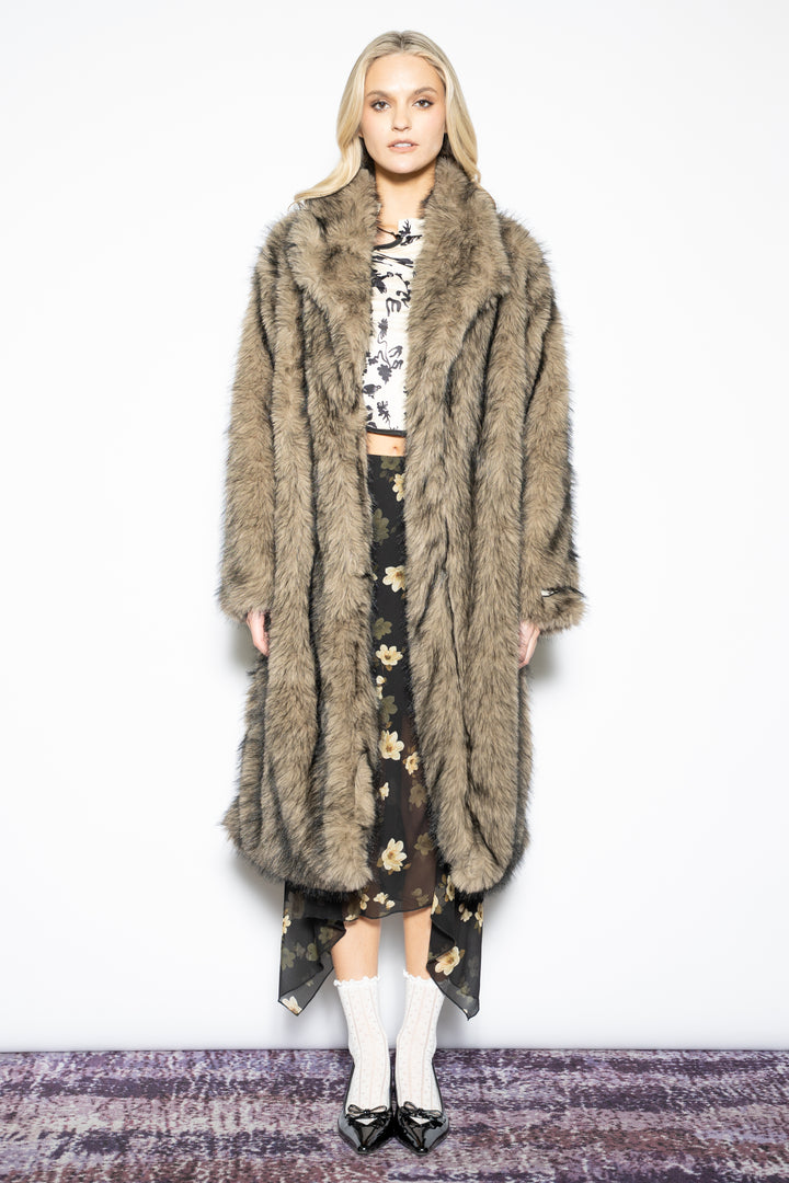Wool-Blend Brown Faux Fur Coat