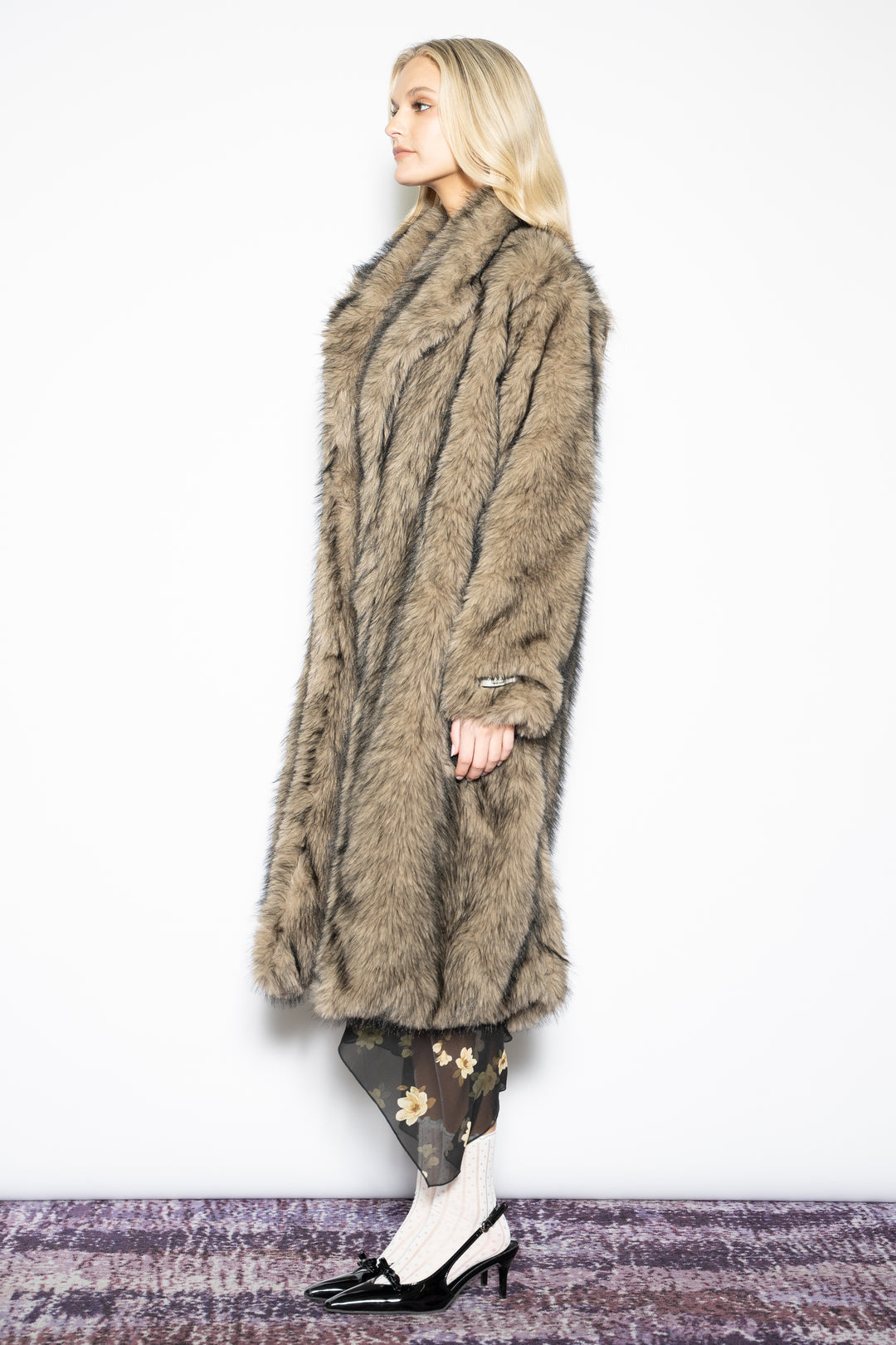 Wool-Blend Brown Faux Fur Coat