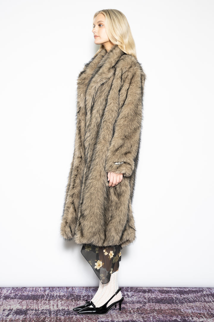 Wool-Blend Brown Faux Fur Coat