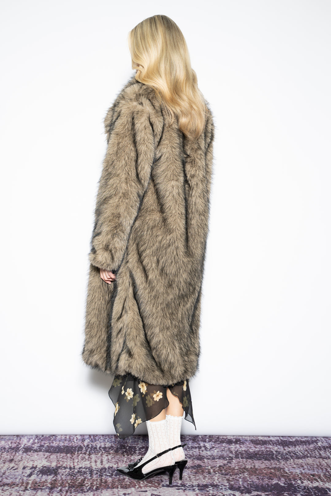 Wool-Blend Brown Faux Fur Coat
