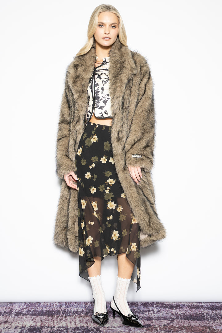 Wool-Blend Brown Faux Fur Coat