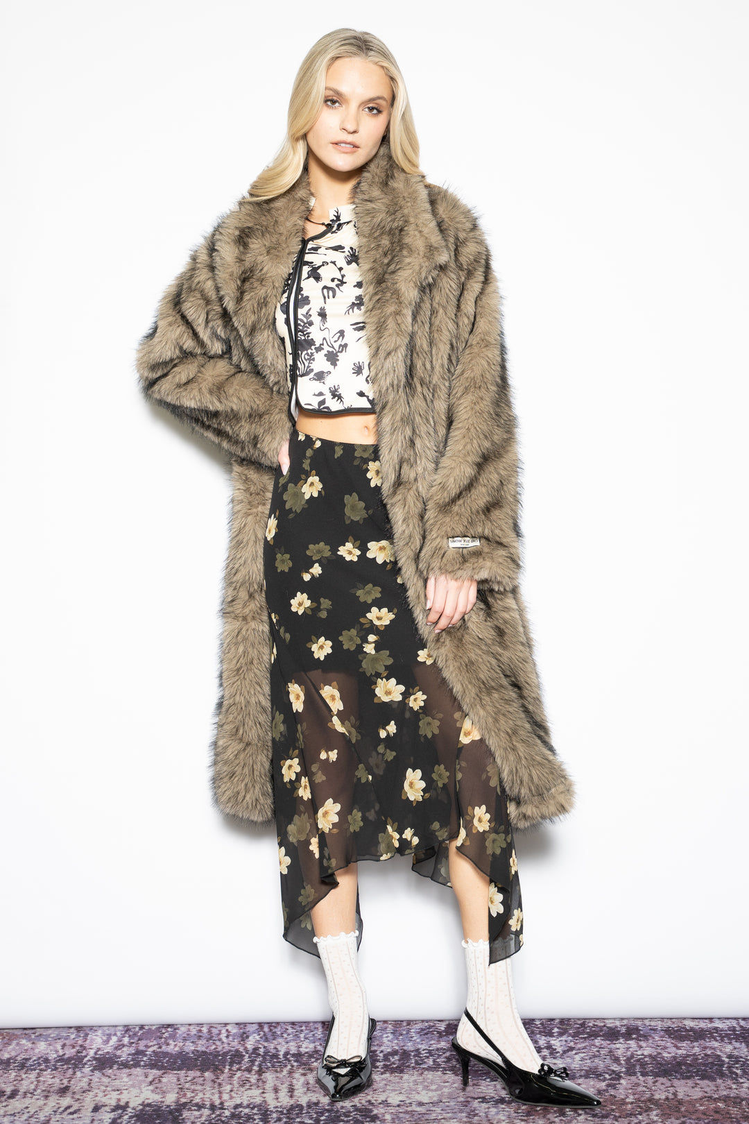 Wool-Blend Brown Faux Fur Coat