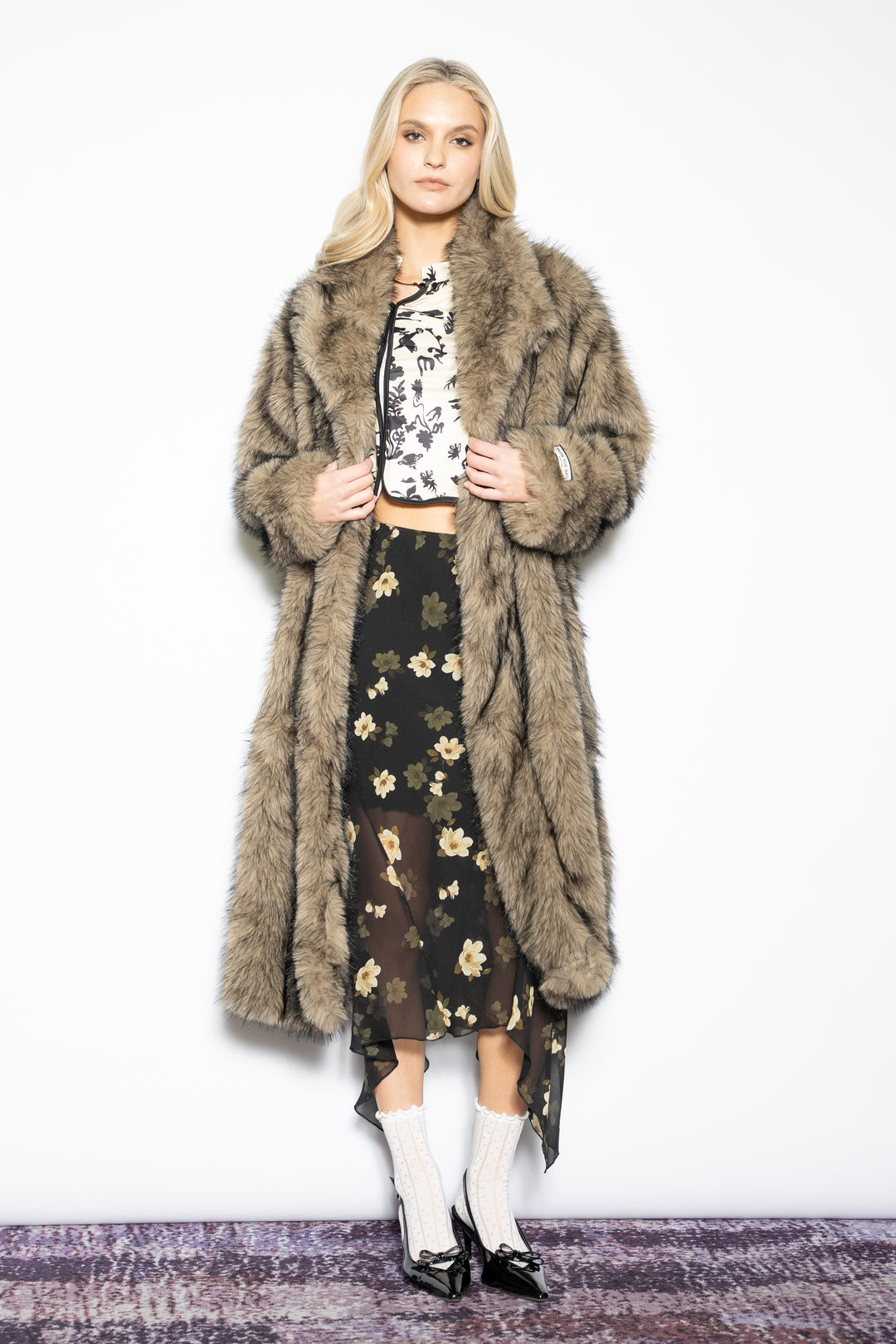 Wool-Blend Brown Faux Fur Coat