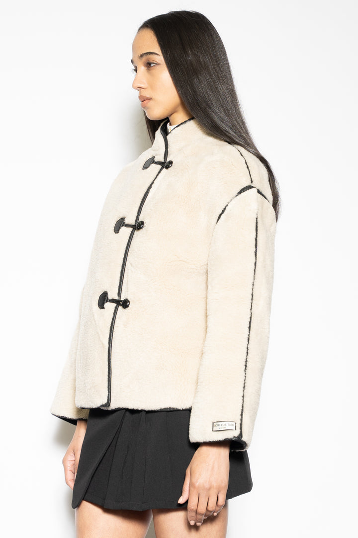 Wool-Blend Cream Faux Shearling Jacket
