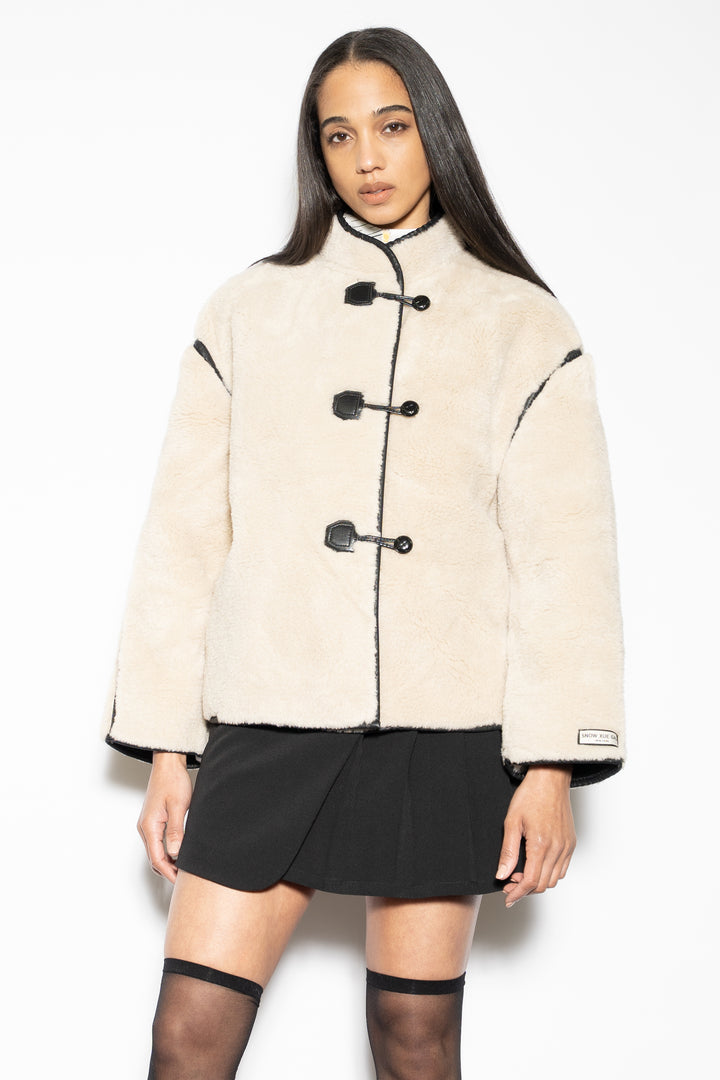 Wool-Blend Cream Faux Shearling Jacket