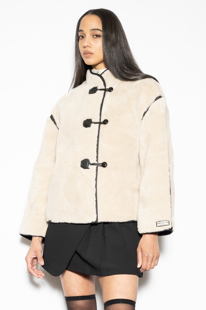 Wool-Blend Cream Faux Shearling Jacket