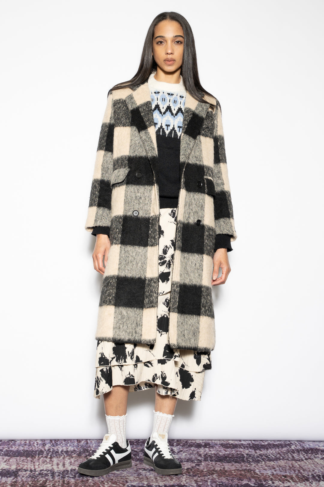 Heavy Wool Black White Plaid Coat