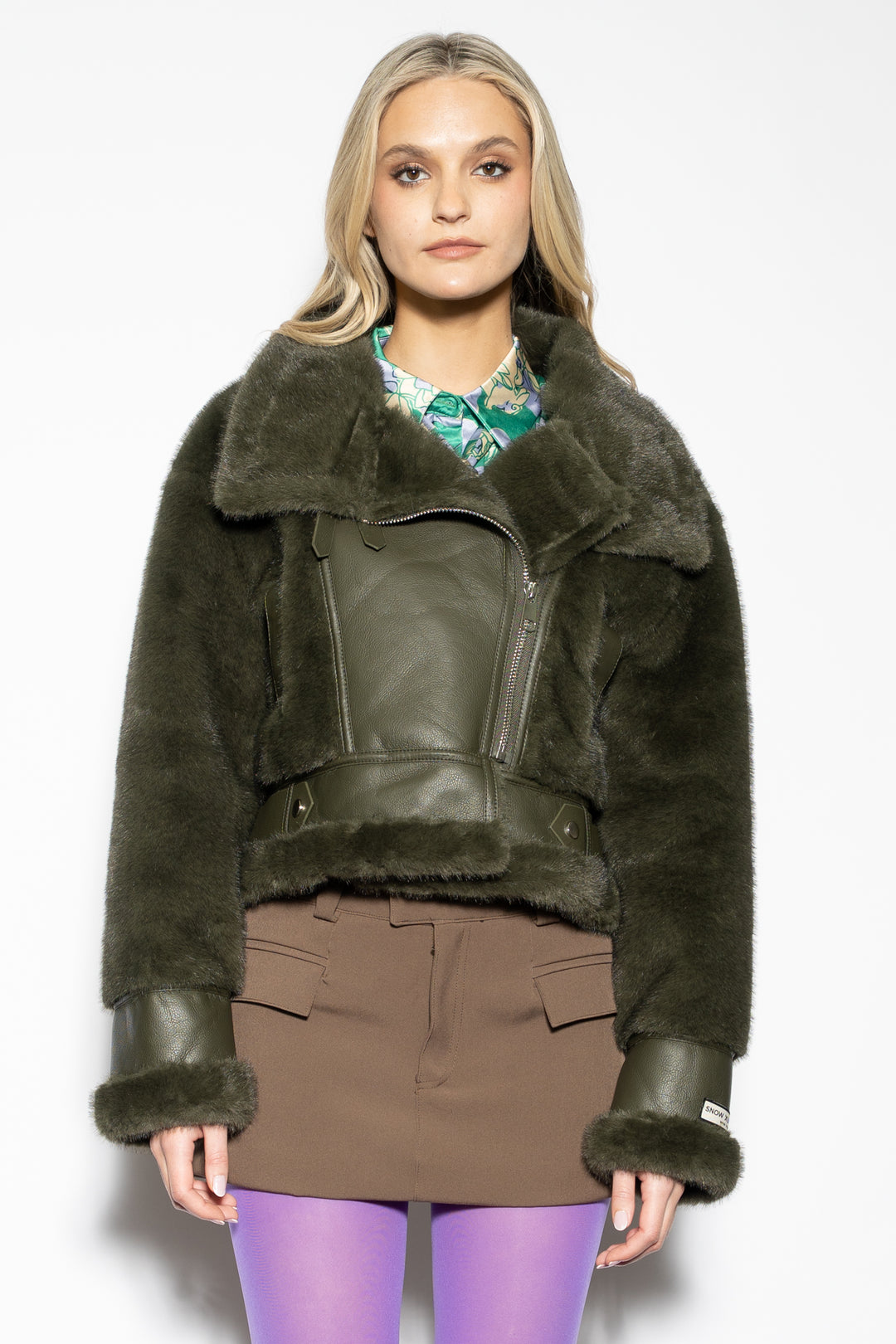 Wool-Blended Green Faux Shearling Jacket