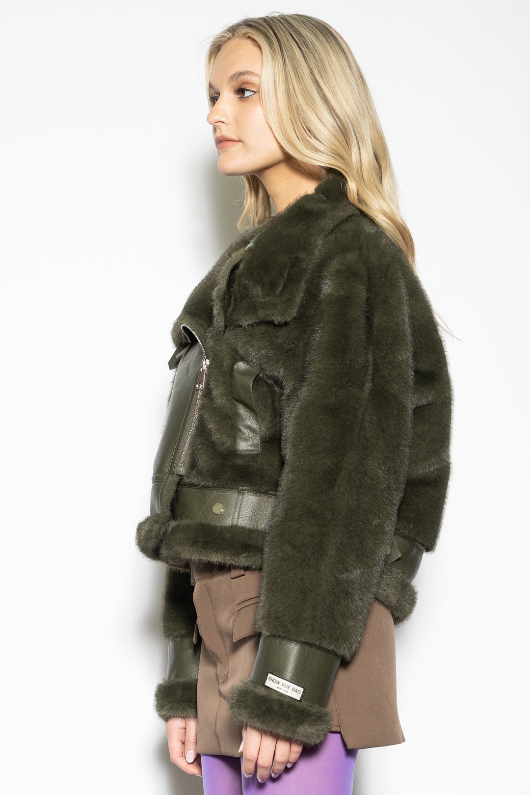 Wool-Blended Green Faux Shearling Jacket