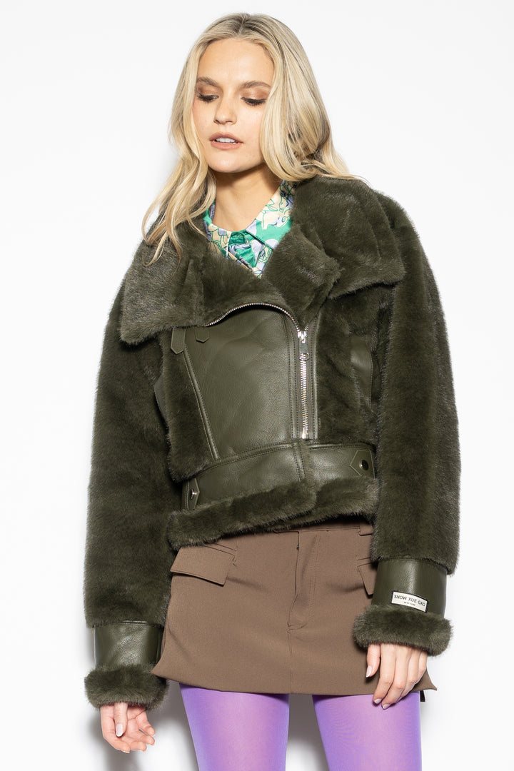 Wool-Blended Green Faux Shearling Jacket