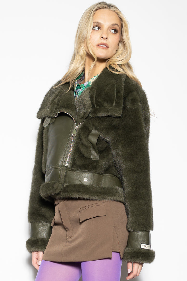 Wool-Blended Green Faux Shearling Jacket