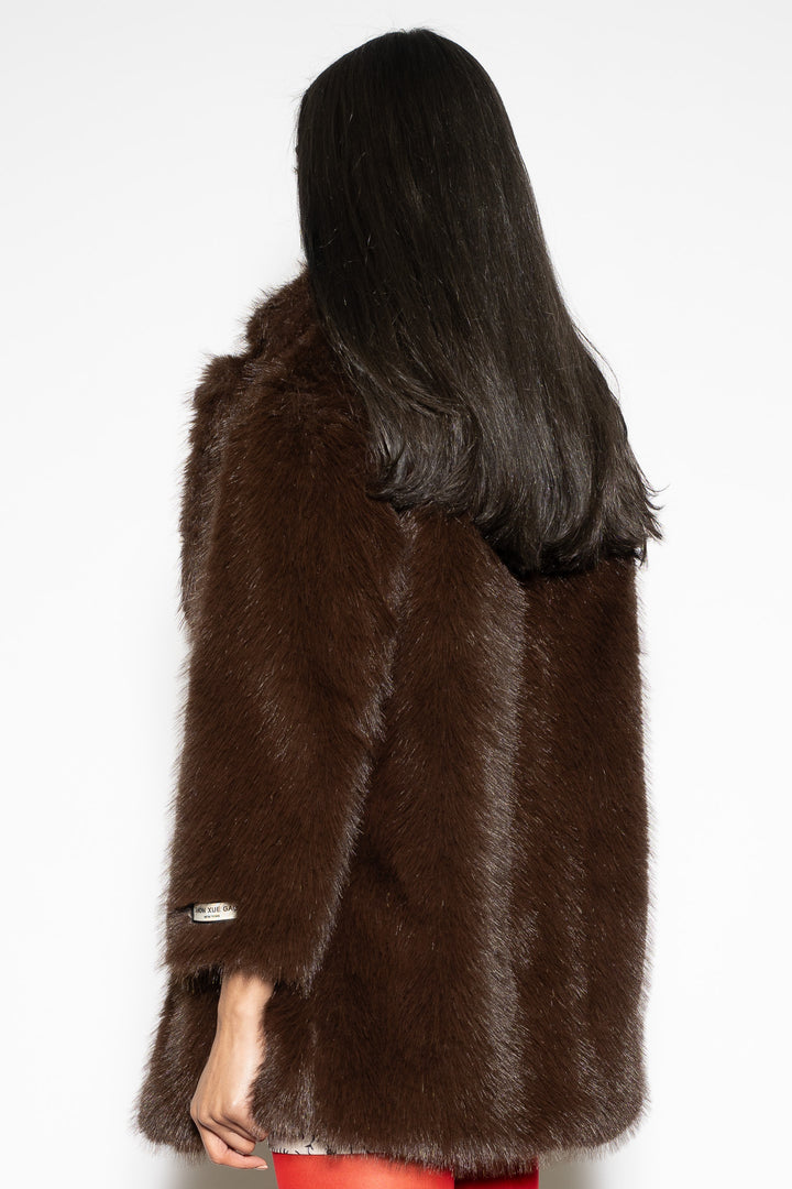 Wool-Blend Brown Faux Fur Coat