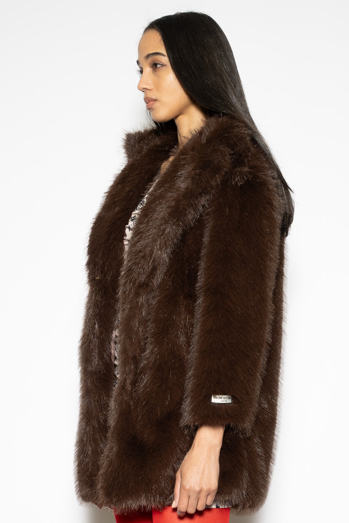 Wool-Blend Brown Faux Fur Coat