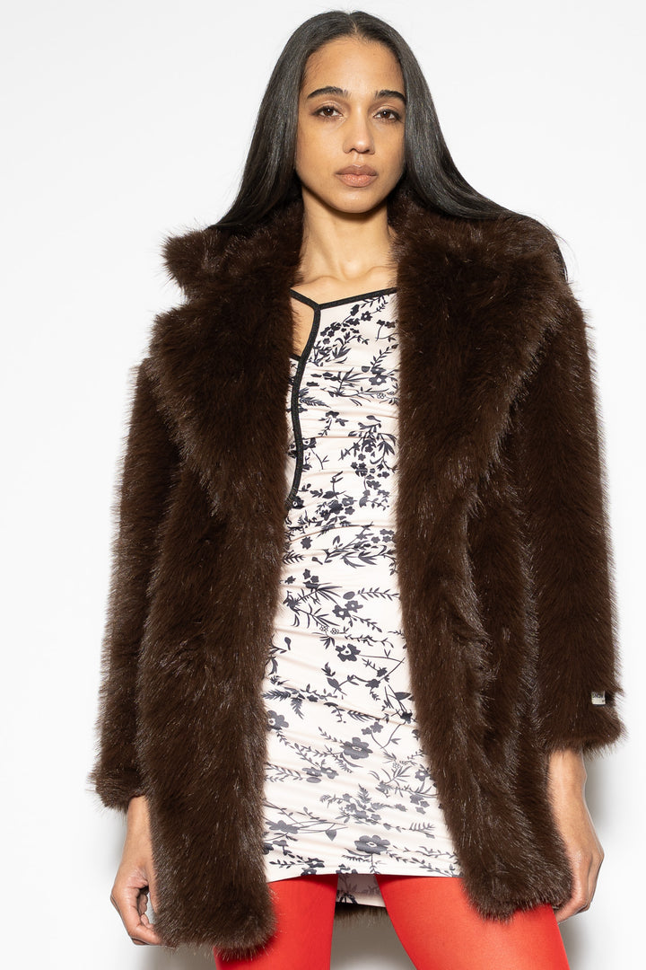 Wool-Blend Brown Faux Fur Coat