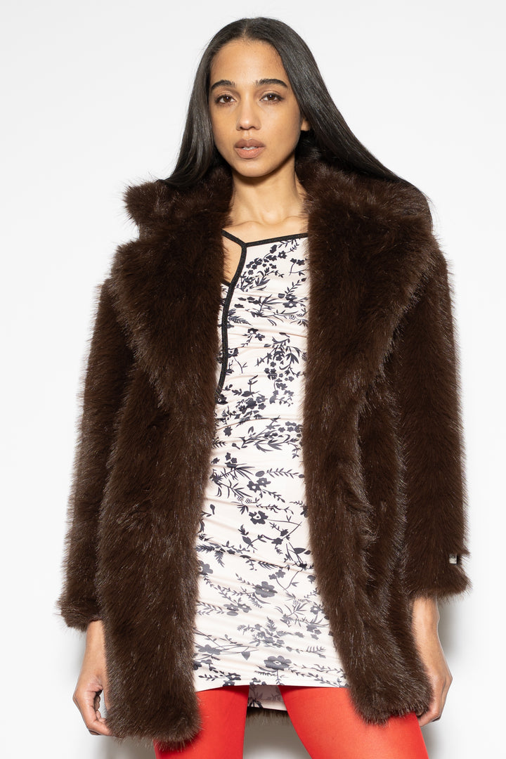 Wool-Blend Brown Faux Fur Coat