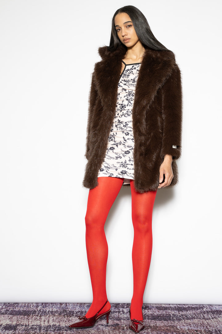 Wool-Blend Brown Faux Fur Coat