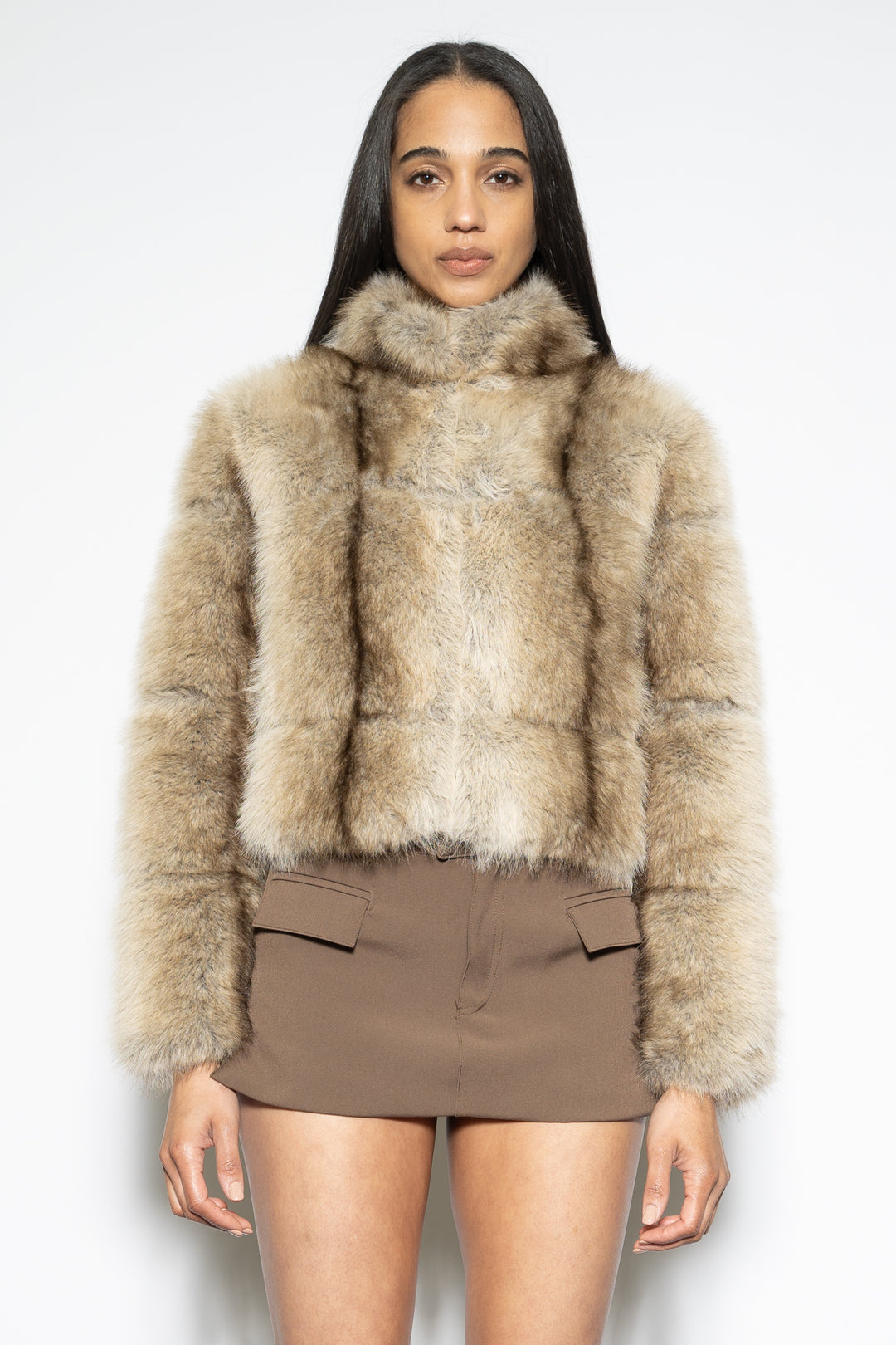 Wool-Blend Brown Faux Fur Jacket