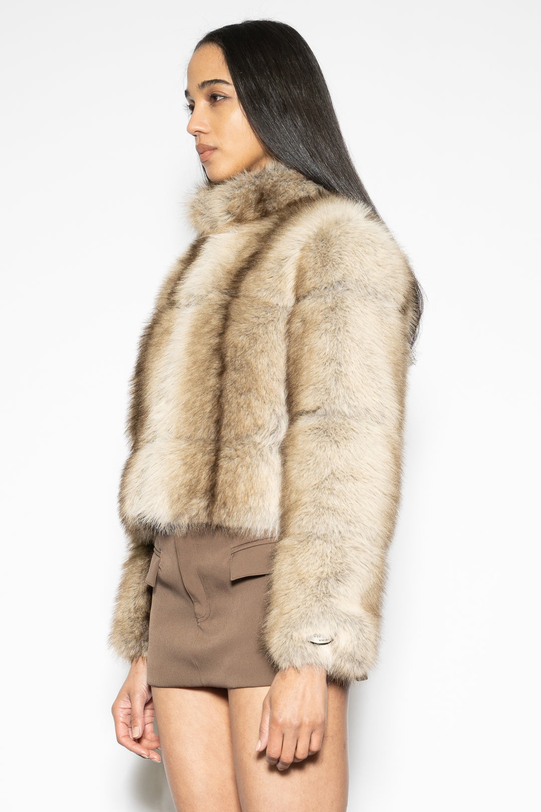 Wool-Blend Brown Faux Fur Jacket