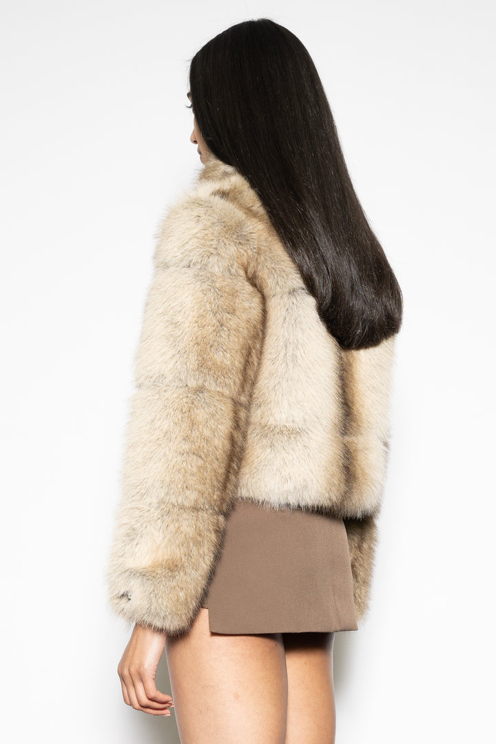 Wool-Blend Brown Faux Fur Jacket