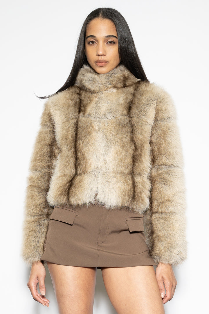 Wool-Blend Brown Faux Fur Jacket