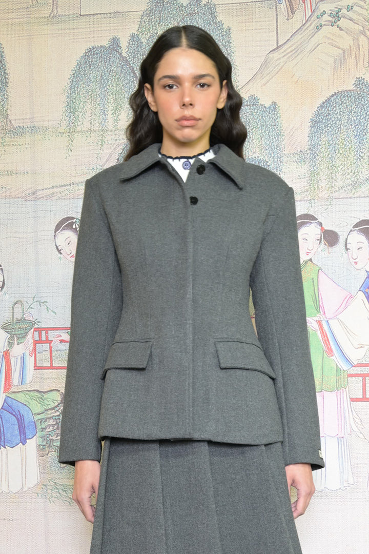 Wool Grey Tailored Sculpted Peplum Blazer