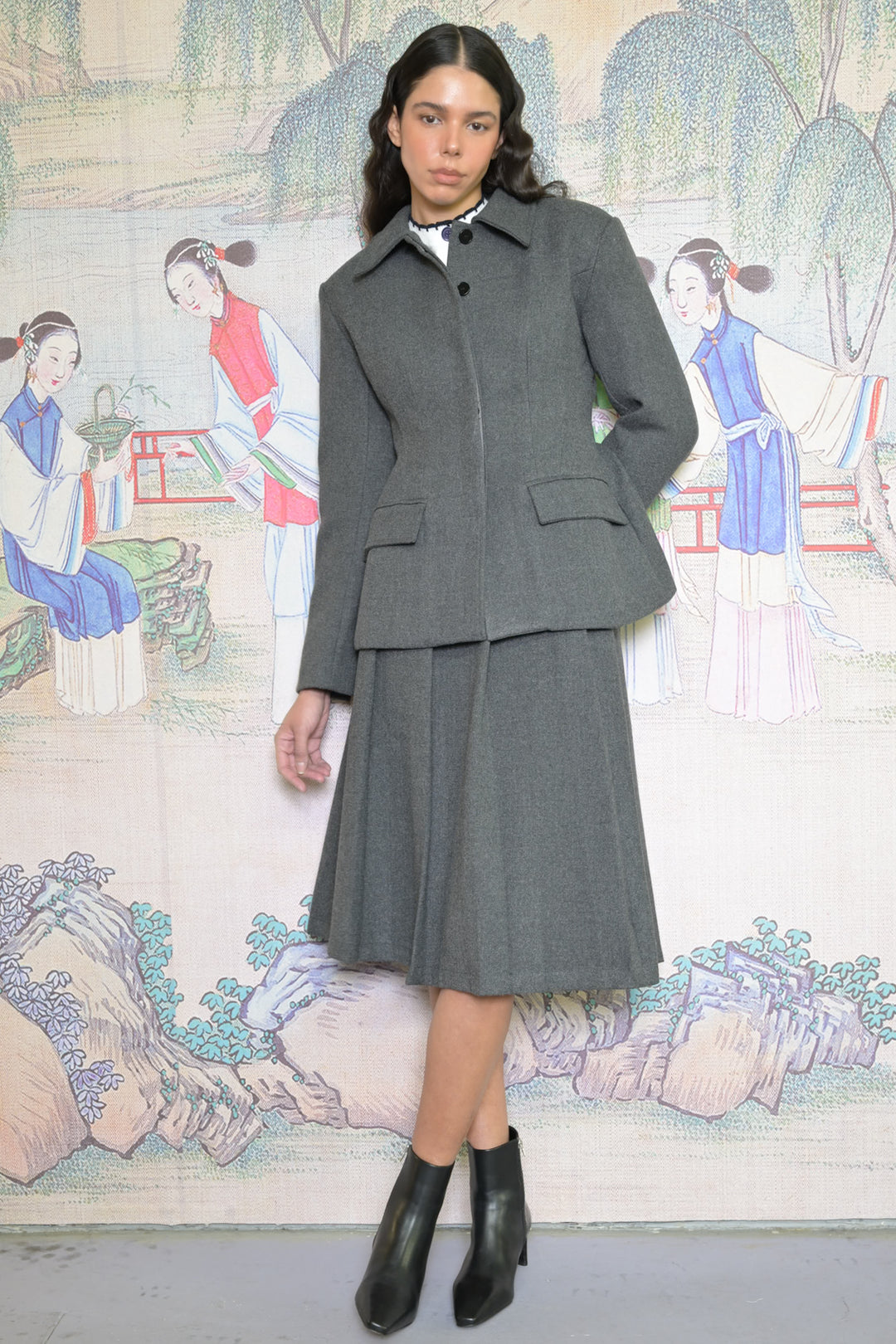 Wool Grey Tailored Sculpted Peplum Blazer