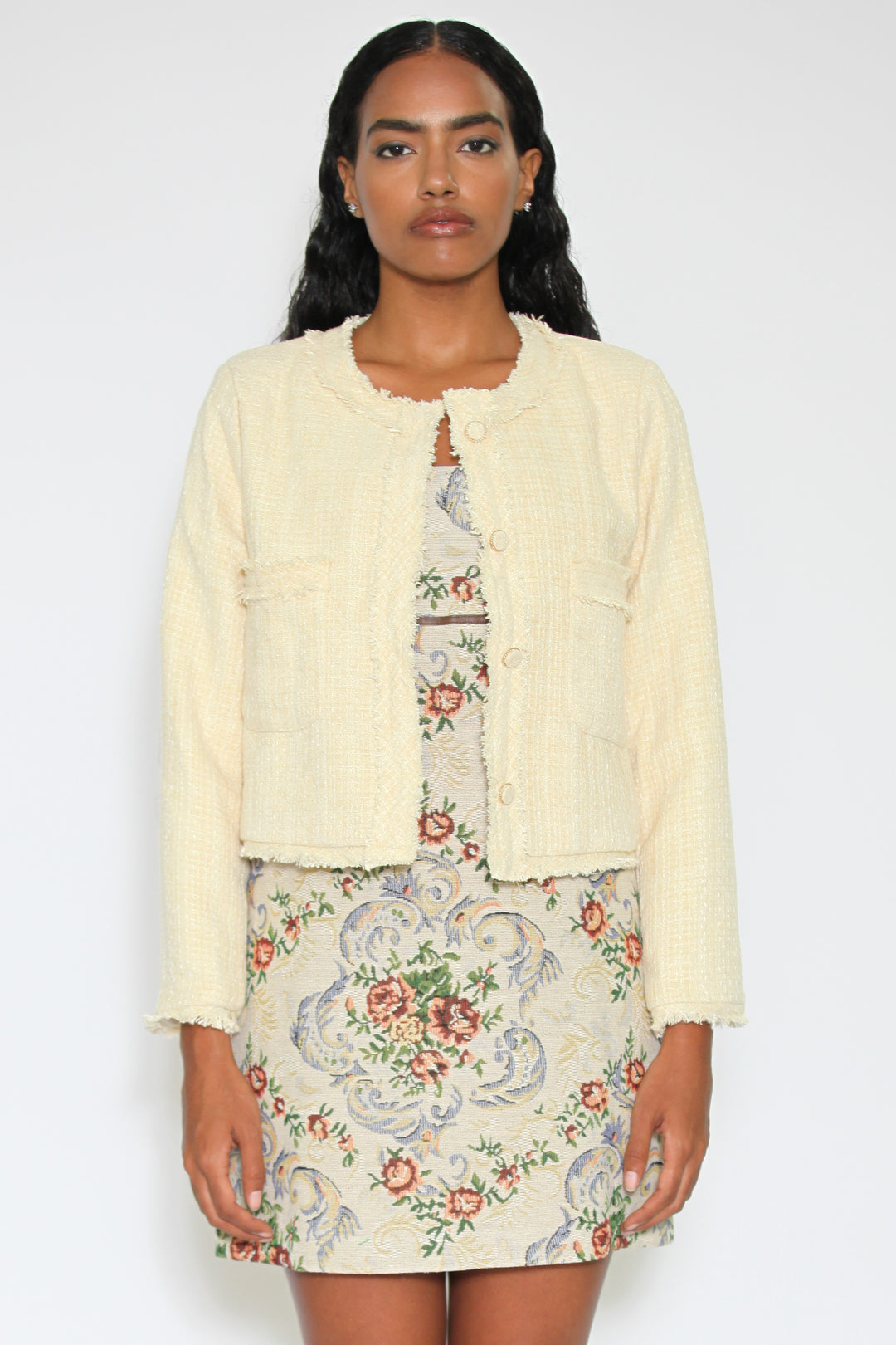 Wool Pale Yellow Cropped Tweed Blazer