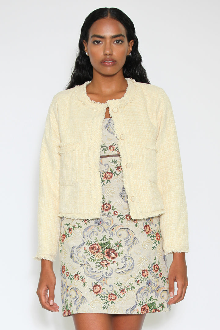 Wool Pale Yellow Cropped Tweed Blazer