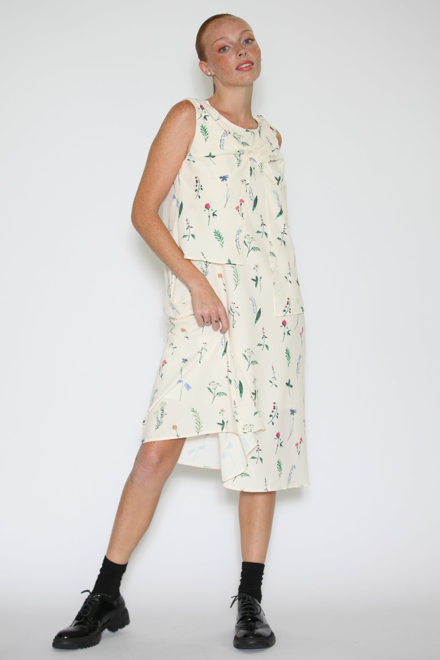 Silk White Floral Bow-Tie Tunic Dress
