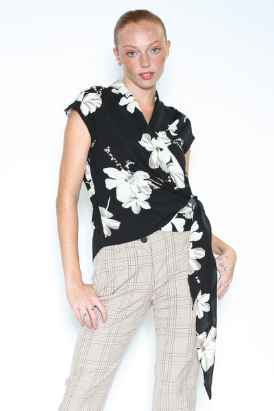 Silk Printed Black and White Floral Wrap Top