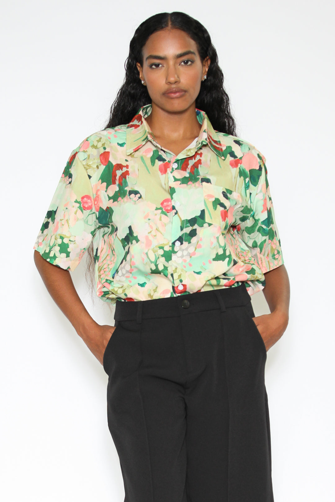 Silk Abstract Pattern Button Down Top