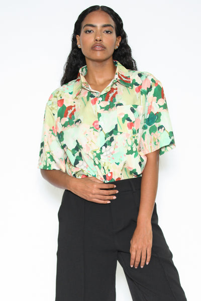 Silk Abstract Pattern Button Down Top