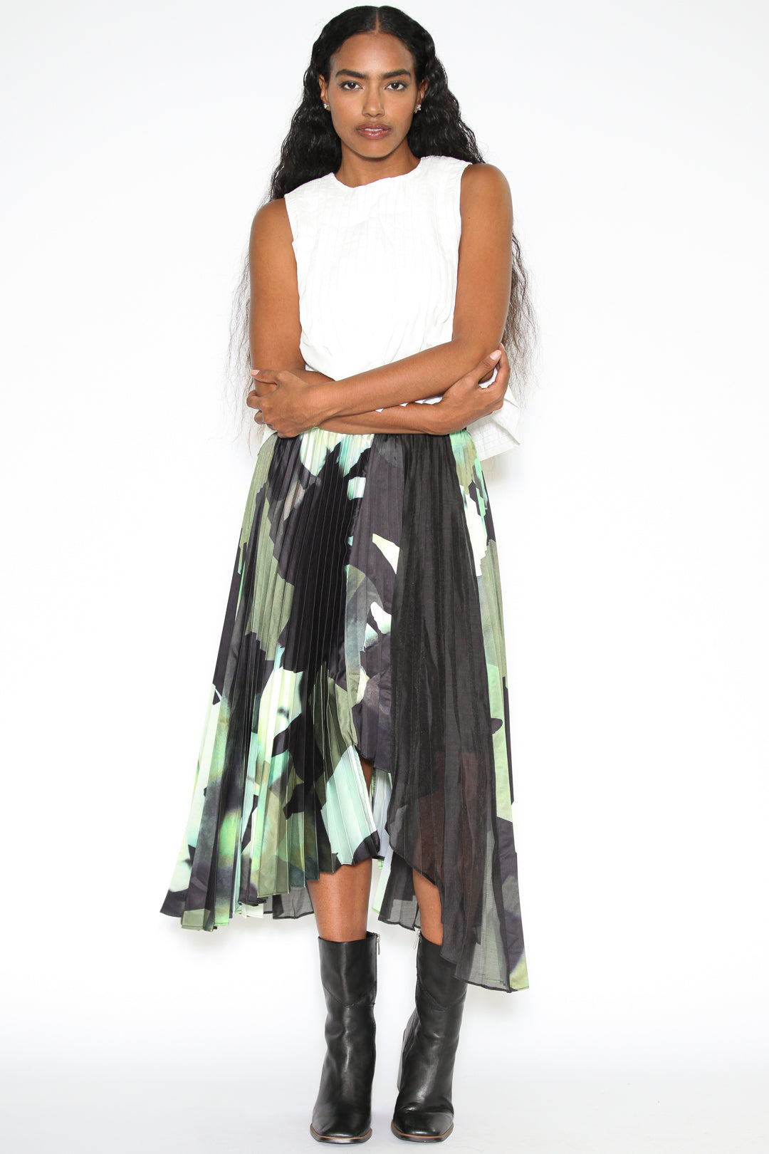 Silk Pleated Abstract Skirt