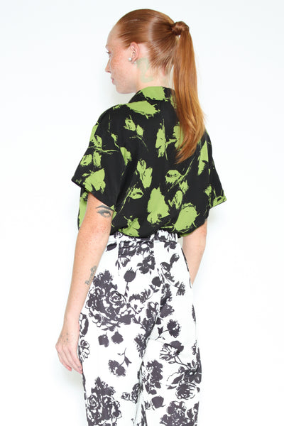 Silk Printed Black Green Floral Shirt