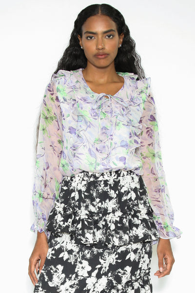 Blusa floral con volantes y estampado de organza de seda