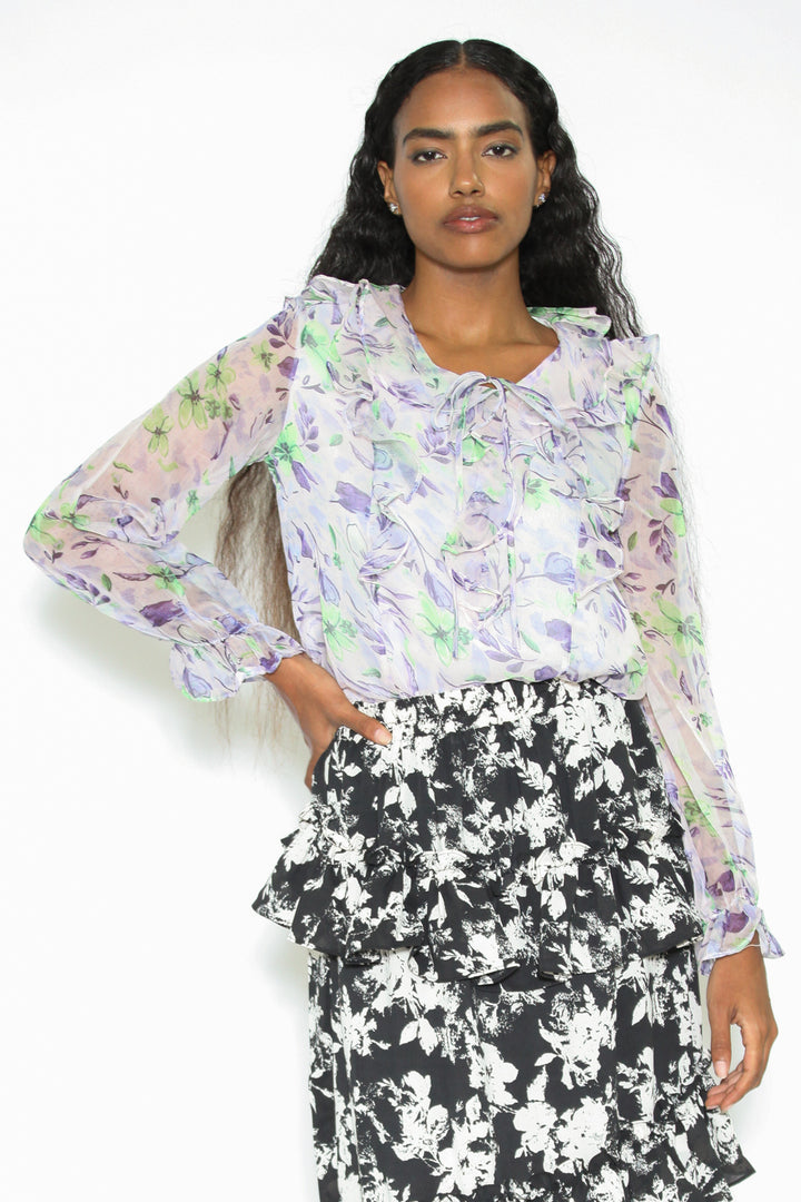 Blusa Floral com Babados em Organza de Seda