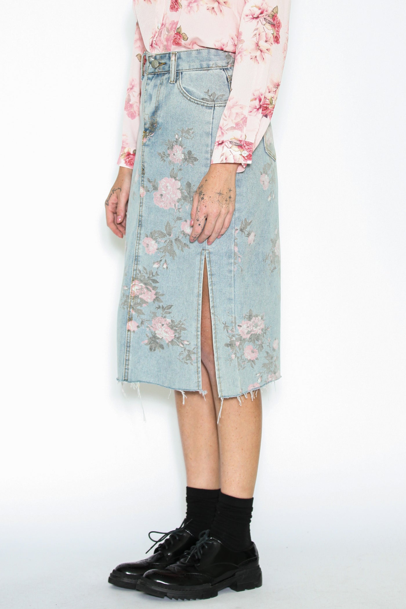 Floral Patterned Denim Midi Skirt