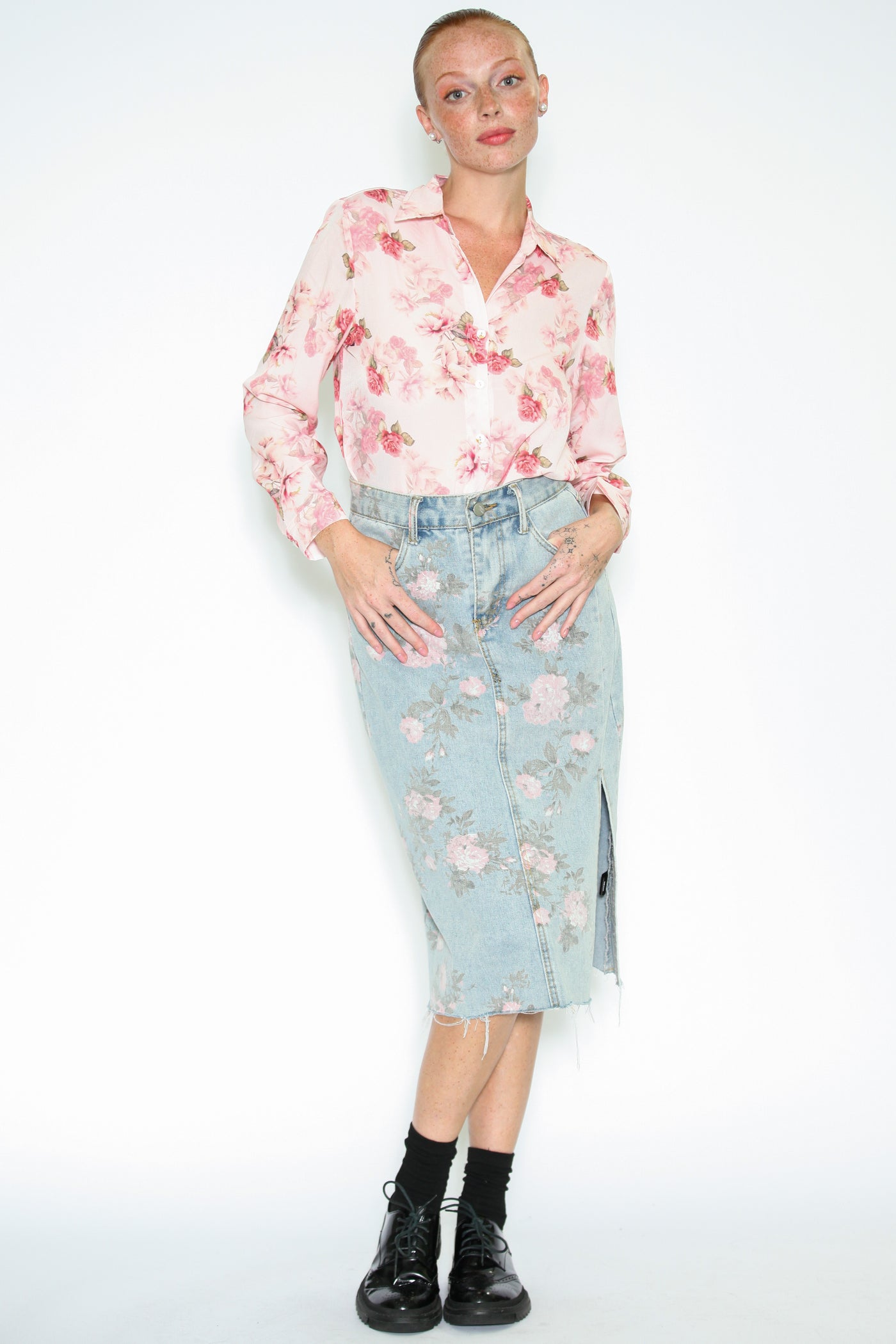 Floral Patterned Denim Midi Skirt