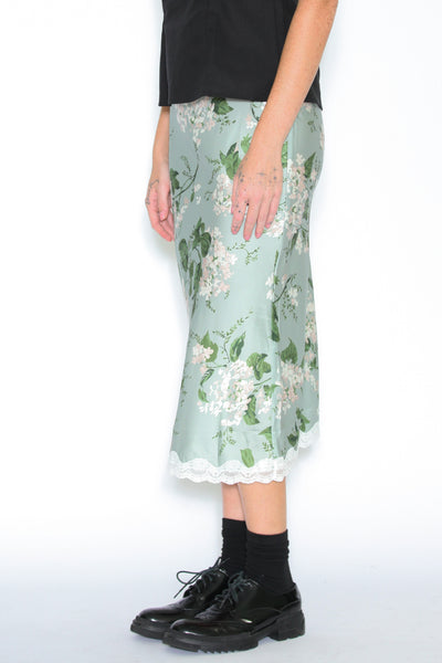 Silk Mint Green Floral Midi Skirt