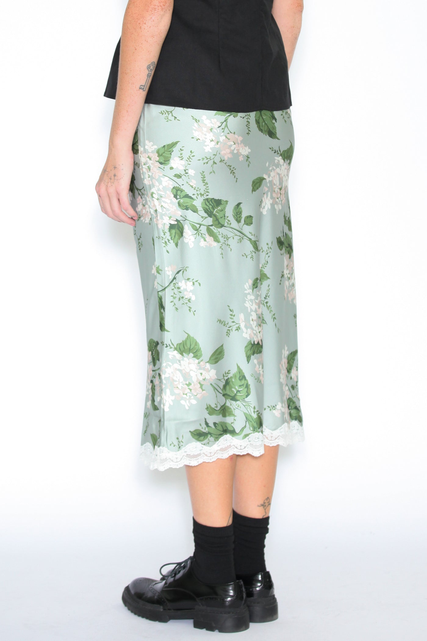 Silk Mint Green Floral Midi Skirt