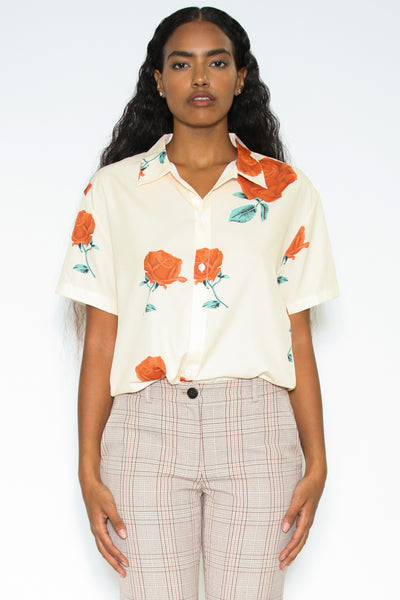 Silk Printed White Red Floral Button-Down Top