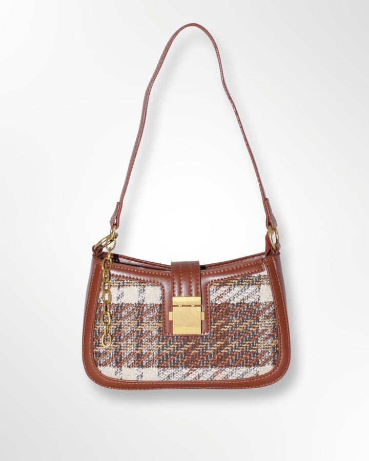 Vegan Leather Brown Plaid Hand Bag