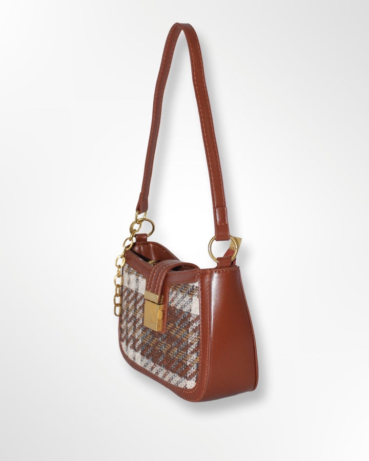 Vegan Leather Brown Plaid Hand Bag