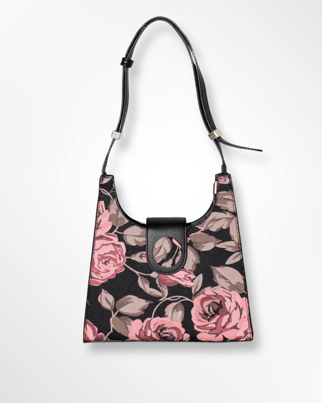 Bolsa de mão floral preta/rosa de couro vegano