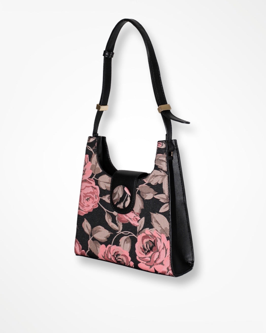 Vegan Leather Black/Pink Floral Hand Bag