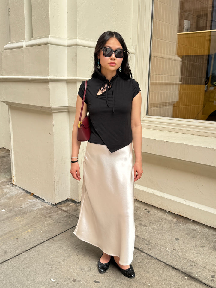 Cotton Asymmetrical Tie Neck Top