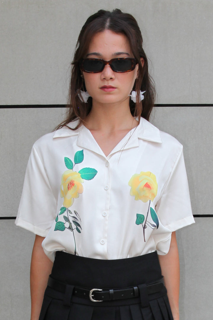 Silk White Rose Button Down Top