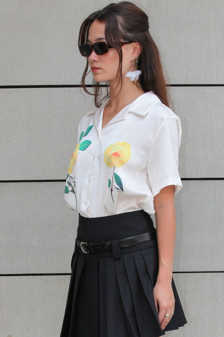 Silk White Rose Button Down Top