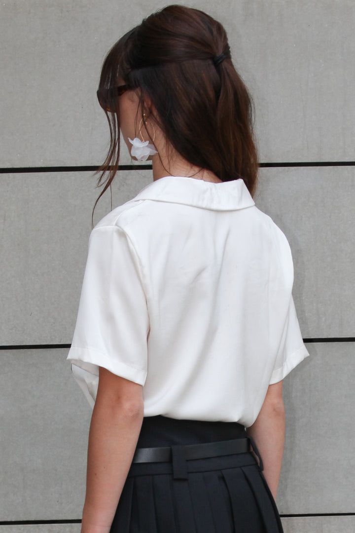 Silk White Rose Button Down Top