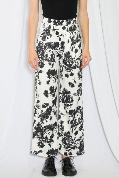 Silk Printed Black and White Floral Pants